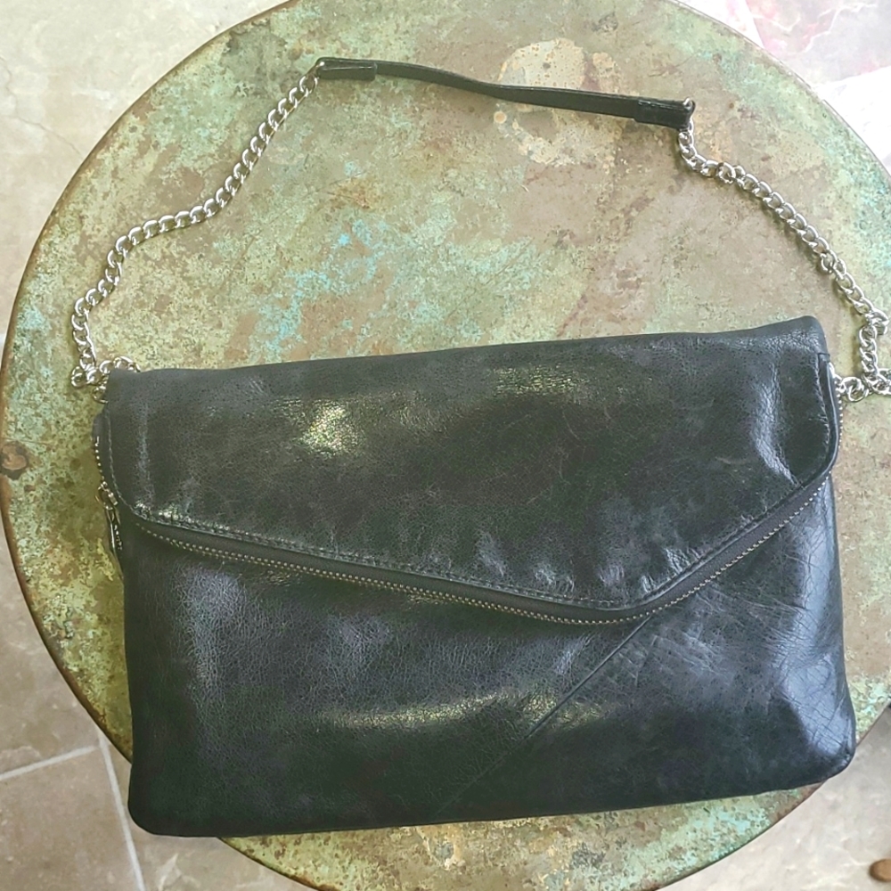 Vintage Midcentury Black Leather Shoulder Strap Envelope Purse